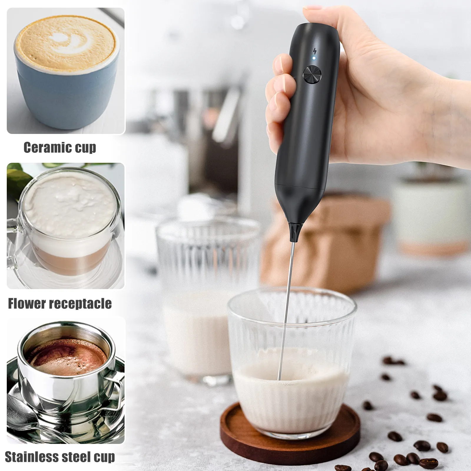 FrothCo frother working in ceramic, glass, and steel cups