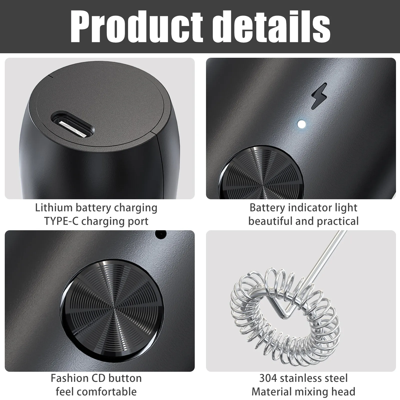 FrothCo USB-C charging port and stainless steel whisk